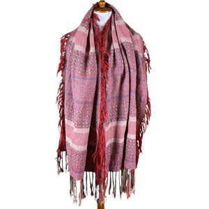 Boho Pink Red Fringed Woven Blanket Shawl Oversized Wrap Scarf Ethnic Print
